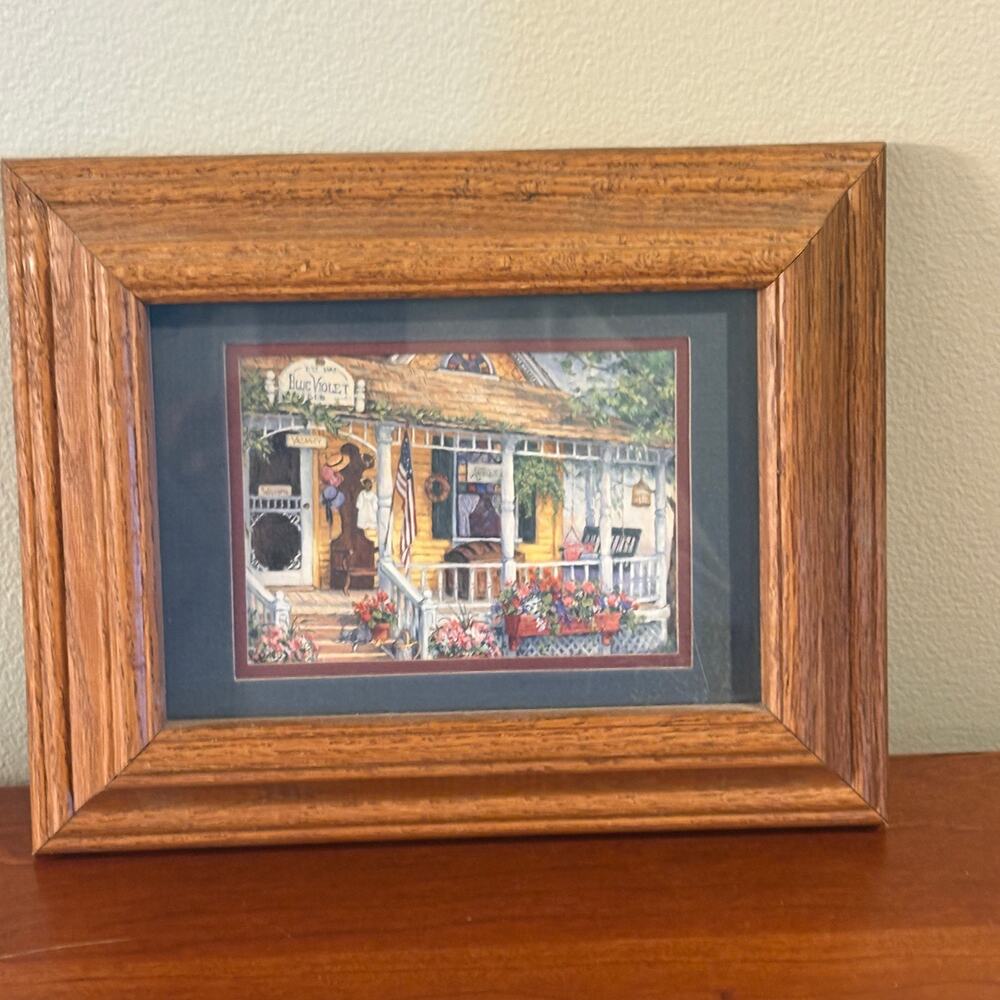 Framed Blue Violet B&B Cottage Print Rustic Oak Wood Frame Country Wall Decor